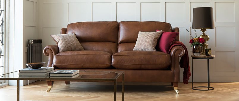 Oakham 3 Seater Sofa In Leather Eyres, Scroll Arm Leather Sofa